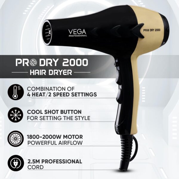 VEGA Pro Dry 2000W Gold Hair Dryer VPVHD-04 - Image 5